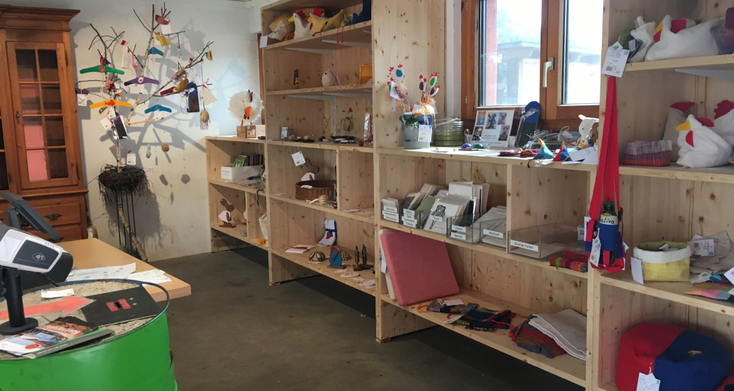 Innenraum des Birkahoflädile mit Holzregalen voller regionaler Produkte, dekorativ gestaltet mit bunten Elementen – Hofladen in Liechtenstein.